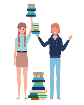 women standing with stack of books on white background vector illustration designのイラスト素材