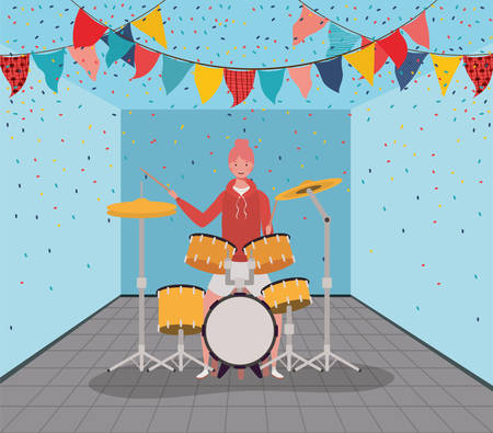 woman playing battery drums character vector illustration designのイラスト素材