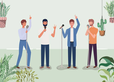 men singing with microphones in the room vector illustration designのイラスト素材