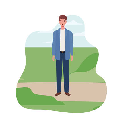 young man standing with landscape background vector illustration designのイラスト素材
