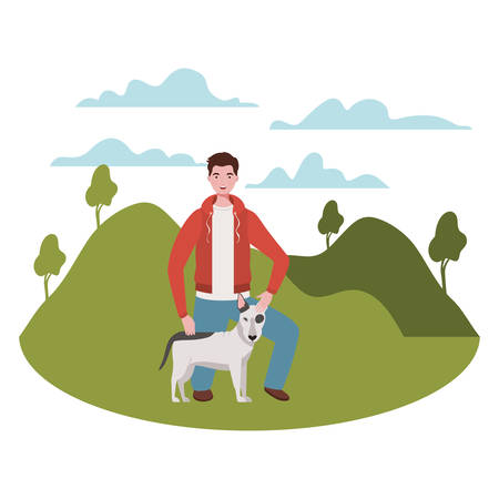 young man with cute dog mascot in the camp vector illustration designのイラスト素材