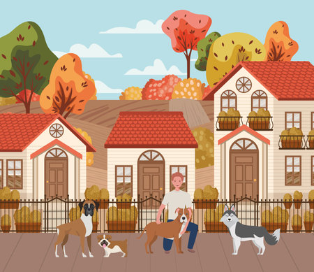 young man with cute dogs mascots in the autumn city scene vector illustration designのイラスト素材