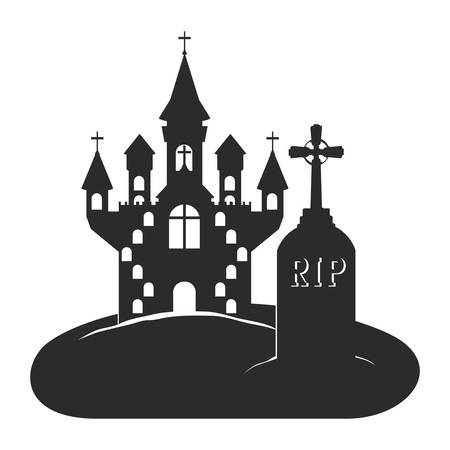 halloween celebration with castle in cemetery scene vector illustration designのイラスト素材