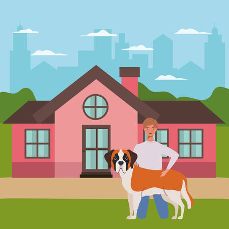 young man with cute dog mascot in the outdoor house vector illustration designのイラスト素材
