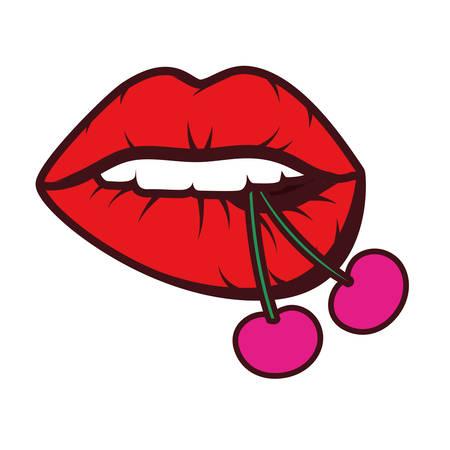 fresh fruit cherries with sexy mouth of woman pop art style vector illustration designのイラスト素材
