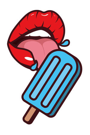 sexy woman mouth with tongue out and ice cream pop art style vector illustrationのイラスト素材