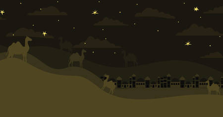 manger houses cityscape and camels night scene vector illustration designのイラスト素材