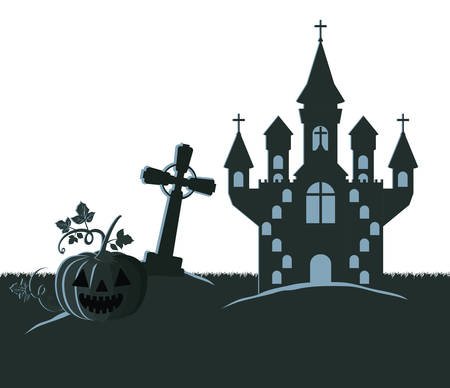 Illustration for halloween celebration with castle in cemetery scene vector illustration design - Royalty Free Image