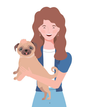 young woman lifting cute dog mascot characters vector illustration designのイラスト素材
