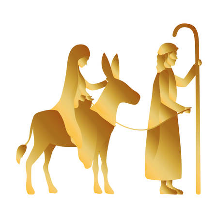golden joseph and mary virgin in mule manger characters vector illustrationのイラスト素材