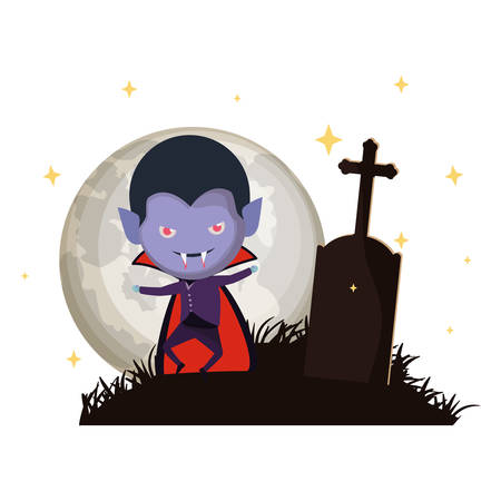 cute little boy with dracula costume in dark cemetery scene illustration designのイラスト素材