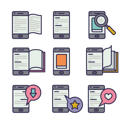 bundle of electronic books in smartphones vector illustration designのイラスト素材