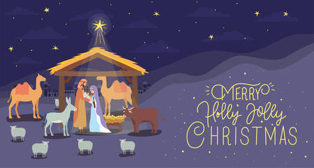 saint joseph and mary virgin in mule and stable scene vector illustration designのイラスト素材