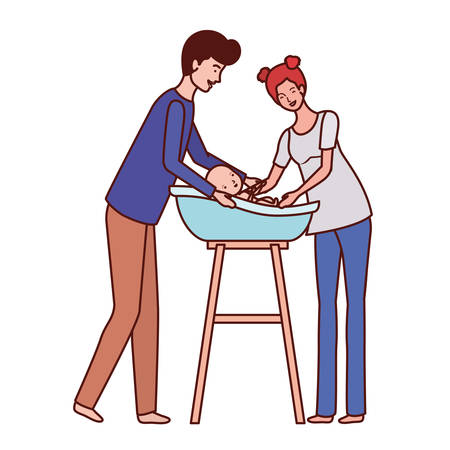 parents couple with little baby in bathtub vector illustration designのイラスト素材