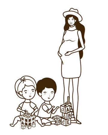 cute pregnancy mother with little kids characters vector illustration designのイラスト素材