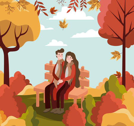 Autumn season colorful design with happy couple sitting on a bench in the park around the trees with leaves falling, vector illustrationのイラスト素材