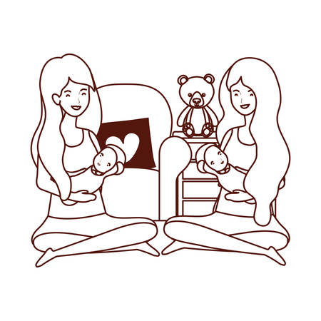 cute pregnancy mothers with little babies in livingroom vector illustration designのイラスト素材