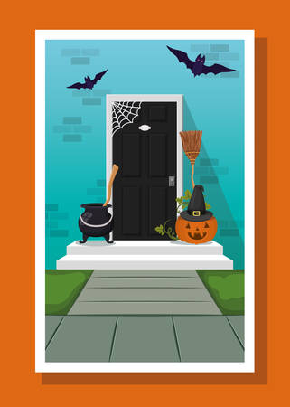 halloween season scene with house door and pumpkin vector illustration designのイラスト素材