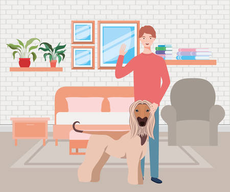 young man with cute dog mascot in the bedroom illustration designのイラスト素材