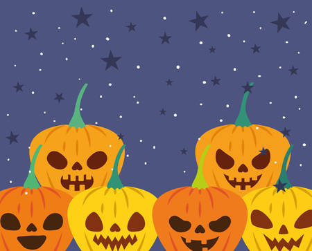 Cartoon halloween pumpkins over purple stars background, colorful design. vector illustrationのイラスト素材
