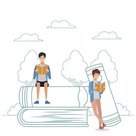 group of students boys reading books vector illustration designのイラスト素材