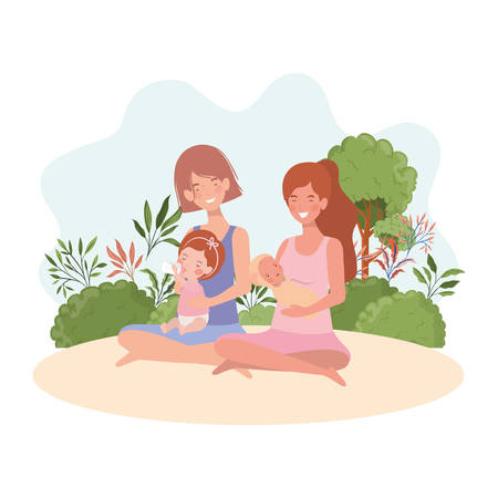 cute pregnancy mothers seated lifting babies in the camp vector illustration designのイラスト素材