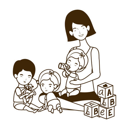 cute pregnancy mother with little kids characters vector illustration designのイラスト素材