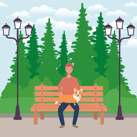 young man lifting cute dog mascot in the park vector illustration designのイラスト素材