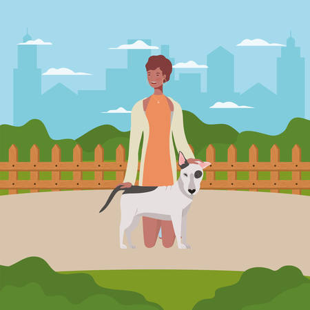 young woman with cute dog in the field vector illustration designのイラスト素材