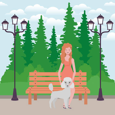 young woman with cute dog mascot in the park vector illustration designのイラスト素材