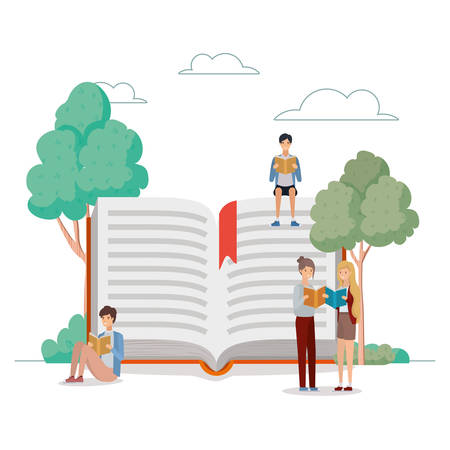 group of students reading books in the park vector illustration designのイラスト素材