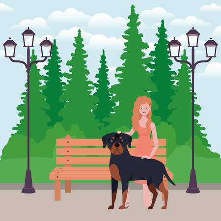 young woman with cute dog mascot in the park vector illustration designのイラスト素材