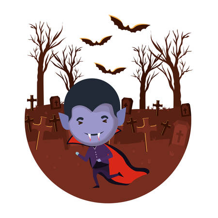 cute little boy with dracula costume in dark cemetery scene vector illustration designのイラスト素材