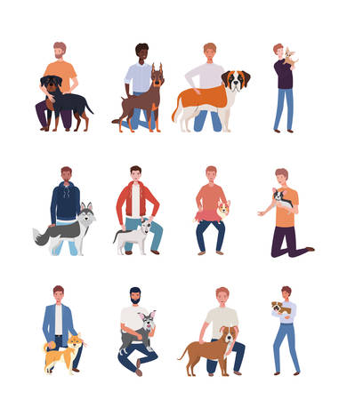 young men with cute dogs mascots characters vector illustration designのイラスト素材