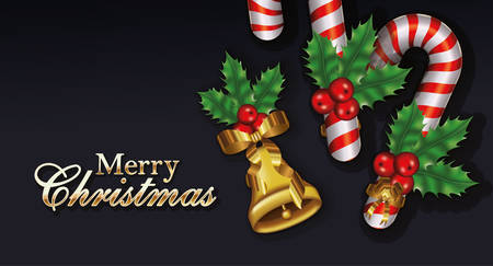 happy merry christmas letterings with leafs and sweet canes vector illustration designのイラスト素材