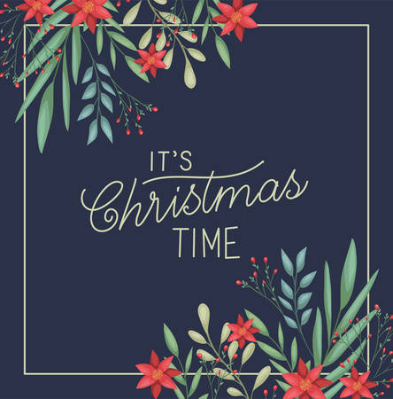happy merry christmas card with floral decoration and calligraphy vector illustrationのイラスト素材