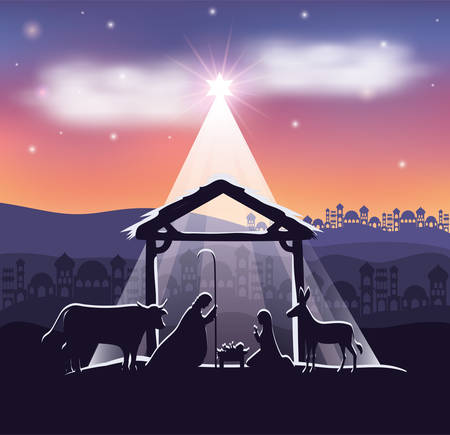 cute holy family and animals in stable manger characters vector illustration designのイラスト素材