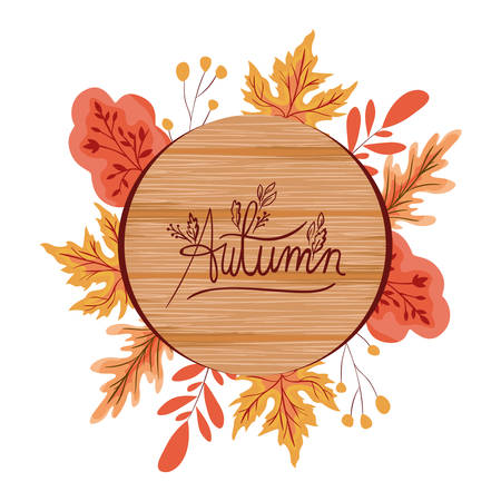 autumn leafs plant seasonal circular wooden frame vector illustration designのイラスト素材