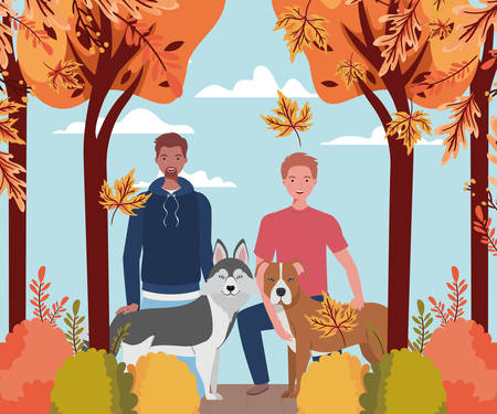 young men with cute dogs mascots in the autumn camp vector illustration designのイラスト素材