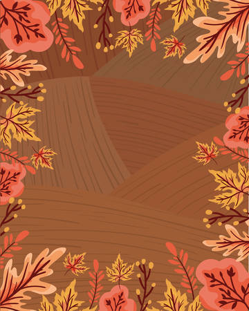 autumn leafs plant seasonal frame in wooden background vector illustration designのイラスト素材