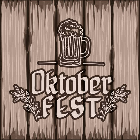 Poster of Oktober fest design with beer mug and decorative leaves over wooden background, lettering vintage design. vector illustrationのイラスト素材