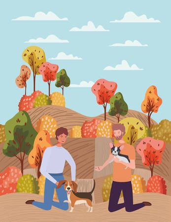 young men with cute dogs mascots in the autumn camp vector illustration designのイラスト素材
