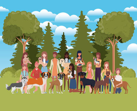 group of women with cute dogs in the field vector illustration designのイラスト素材