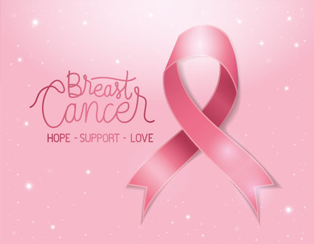 Breast cancer lettering design and pink ribbon icon over colorful glowing pink background, vector illustrationのイラスト素材