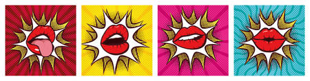 set of sexy woman mouths with splash pop art style vector illustration designのイラスト素材