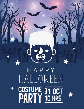 Happy halloween card with cartoon frankenstein head over graveyard glowing background with bats, vector illustrationのイラスト素材