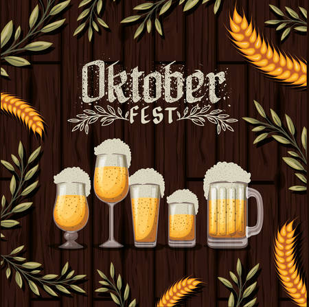 October fest design with beer mugs with decorative leaves and wheat ears over dark wooden background, vector illustrationのイラスト素材