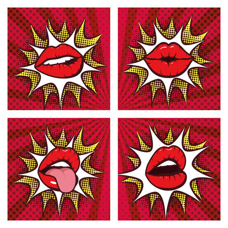 set of sexy woman mouths with splash pop art style vector illustration designのイラスト素材