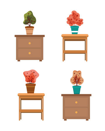 autumn plants in ceramic pots over wooden drawers vector illustration designのイラスト素材