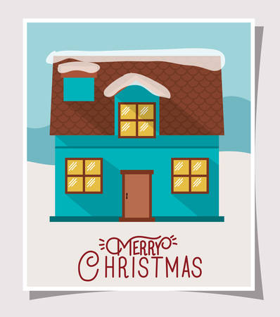 happy mery christmas card with cute house illustration designのイラスト素材